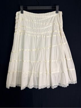 Indian Summer Skirt Cream Tiered Lace-Trim Midi cotton Zip up boho hippie fairy